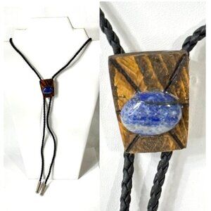 Handmade blue sodalite, brown stone w/ black cord western cowboy bolo tie